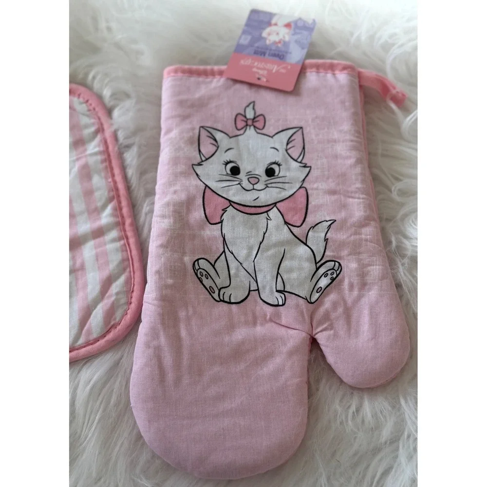 Disney The Aristocats Marie Oven Mitt and Pot Holder Set Pink White Striped NEW